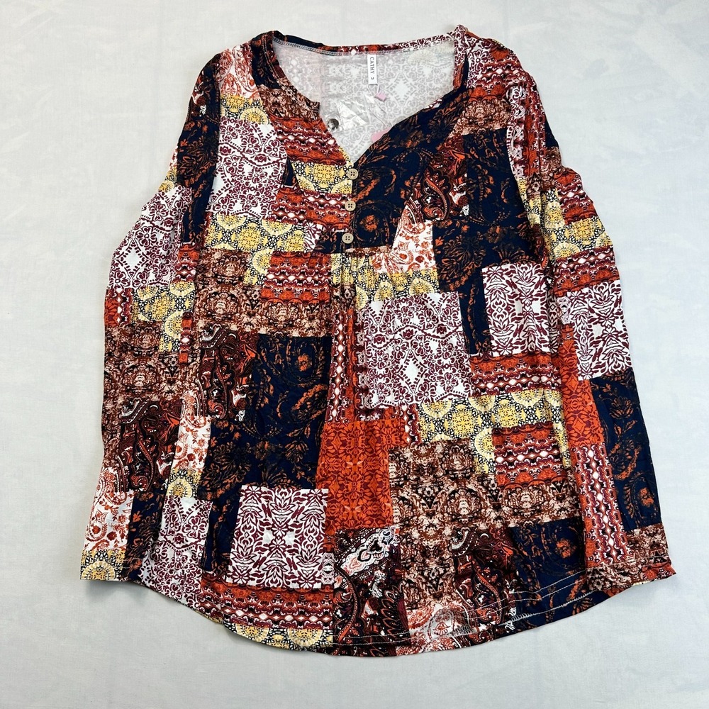 Cathy Shirt Top Womens Medium Multi Patchwork Print Long Sleeve Button Front